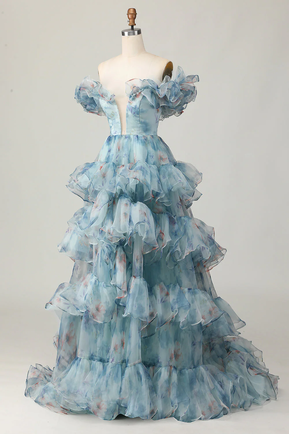Robe de bal trapèze à volants et épaules dénudées à fleurs bleues - Image 5