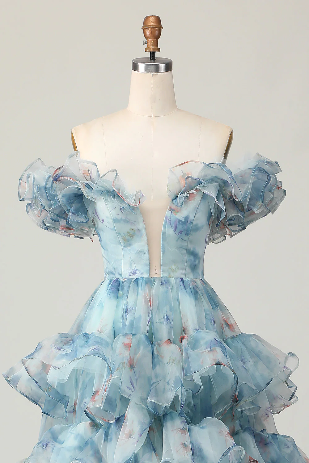 Robe de bal trapèze à volants et épaules dénudées à fleurs bleues - Image 6