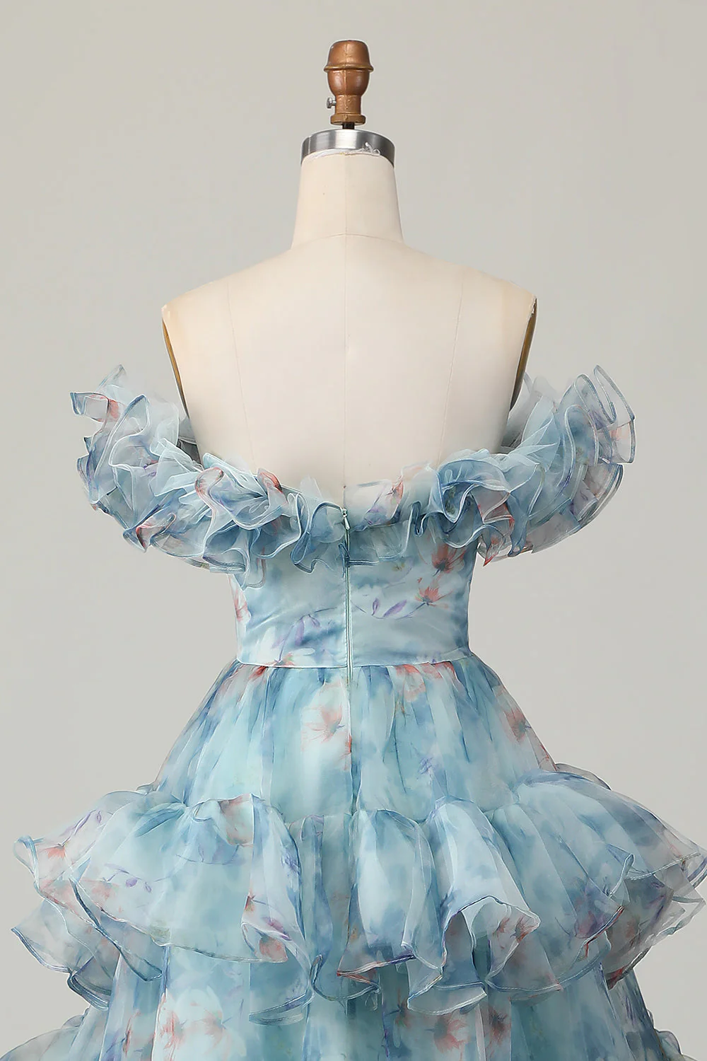 Robe de bal trapèze à volants et épaules dénudées à fleurs bleues - Image 7
