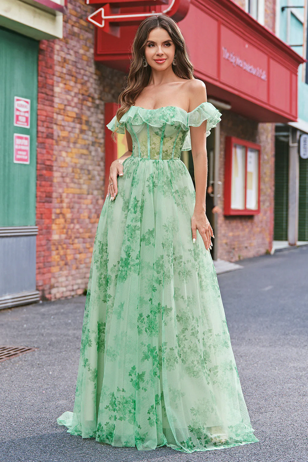 Floral Une ligne dénudée Corset épaule longue Robe De Soirée verte - Image 10