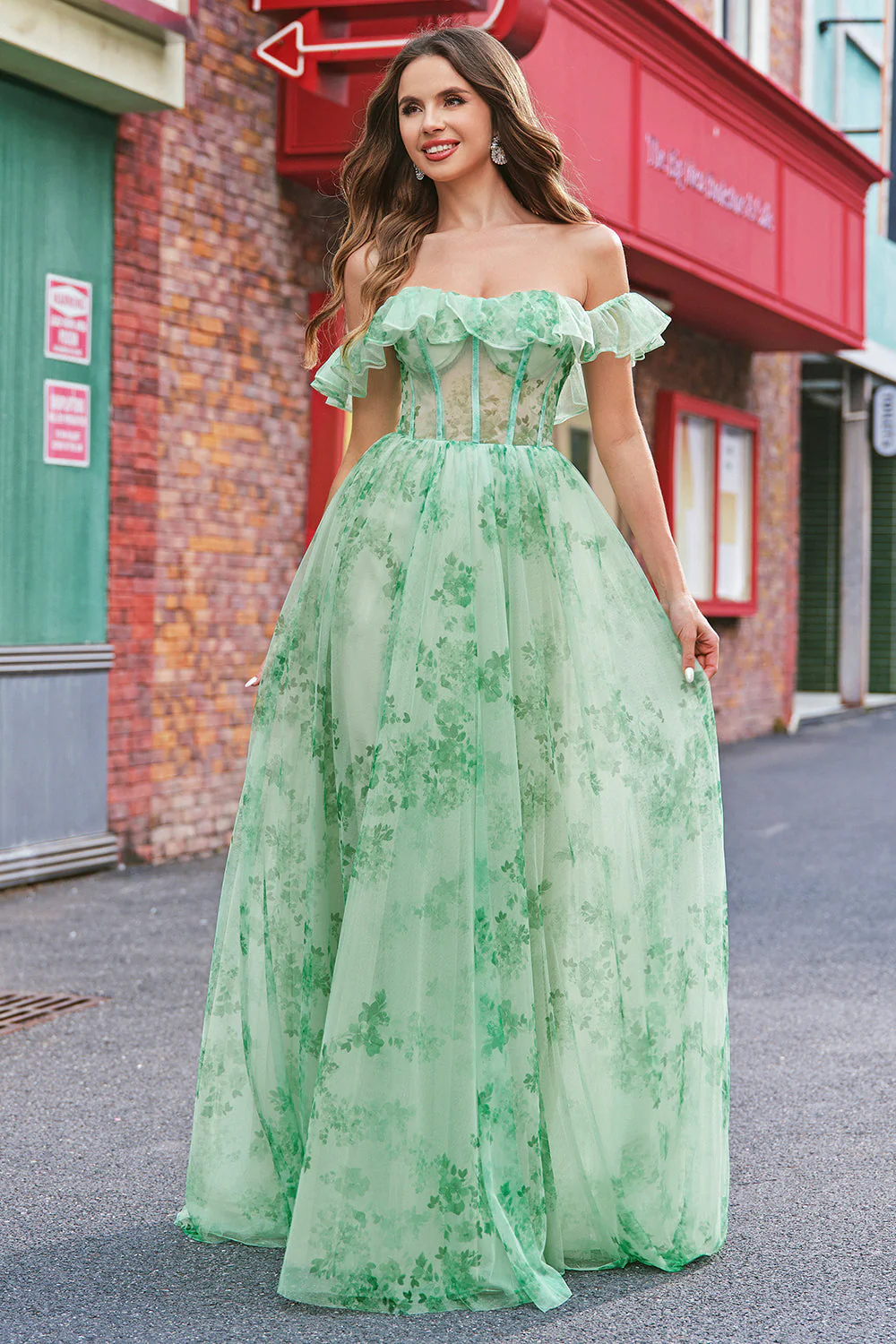 Floral Une ligne dénudée Corset épaule longue Robe De Soirée verte - Image 11
