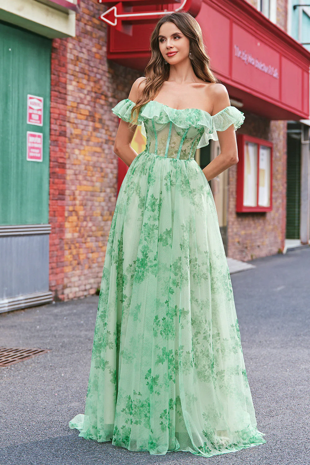 Floral Une ligne dénudée Corset épaule longue Robe De Soirée verte - Image 12