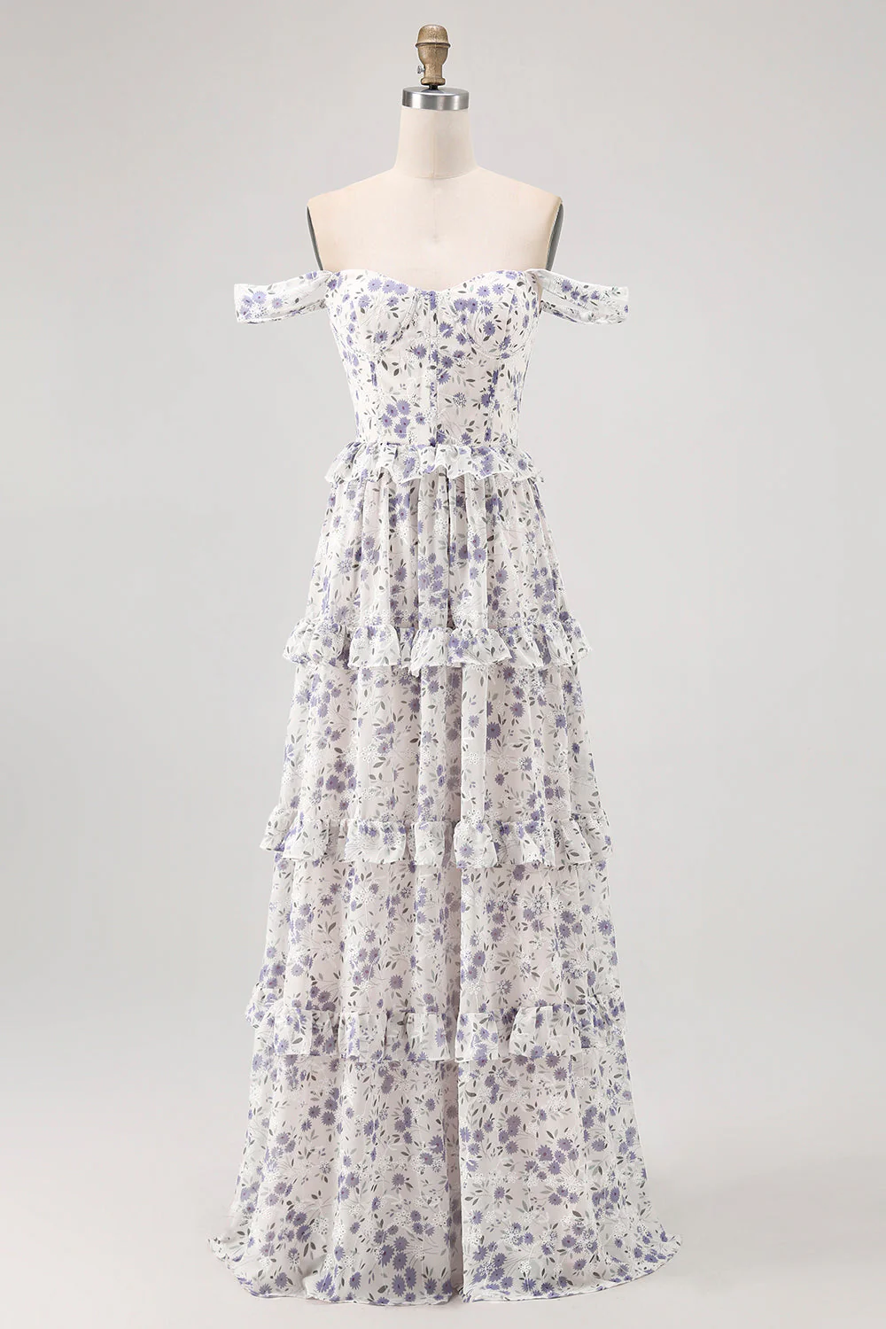 Floral violet à épaules dénudées Une robe de demoiselle d’honneur ligne avec dentelle dans le dos