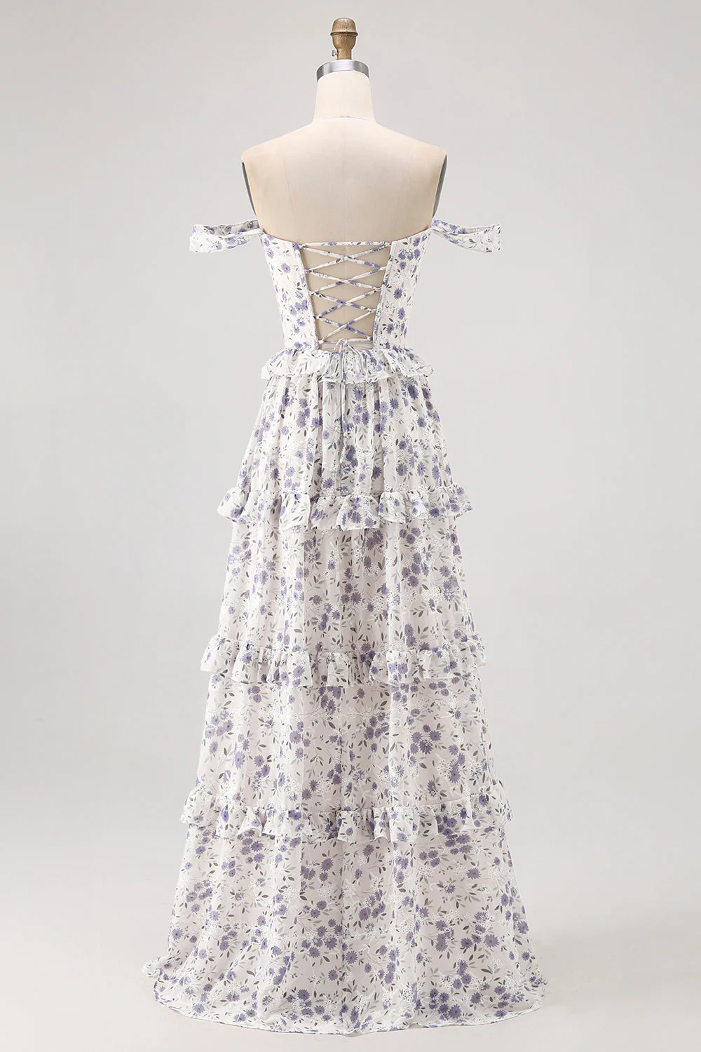 Floral violet à épaules dénudées Une robe de demoiselle d’honneur ligne avec dentelle dans le dos - Image 2