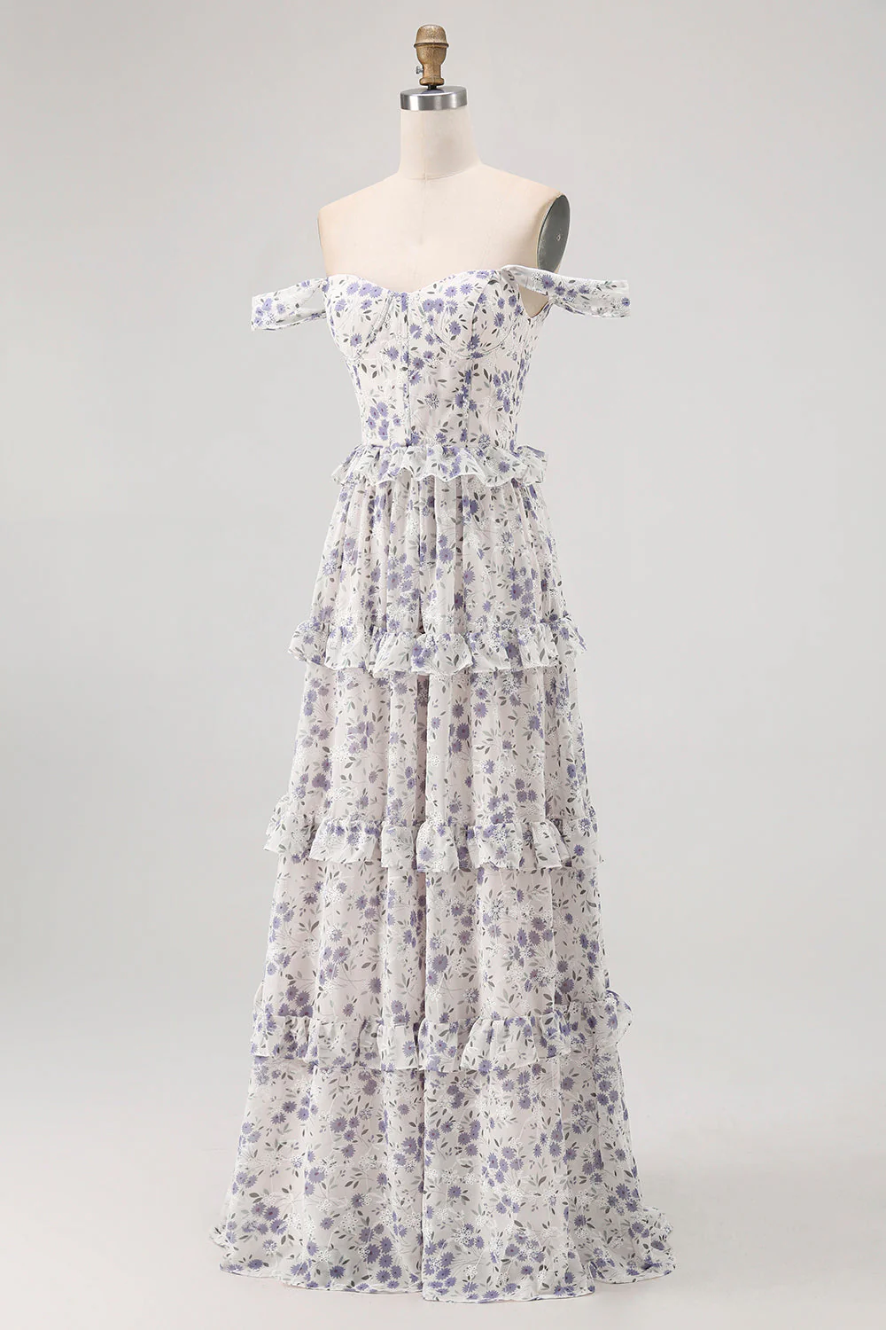 Floral violet à épaules dénudées Une robe de demoiselle d’honneur ligne avec dentelle dans le dos - Image 3