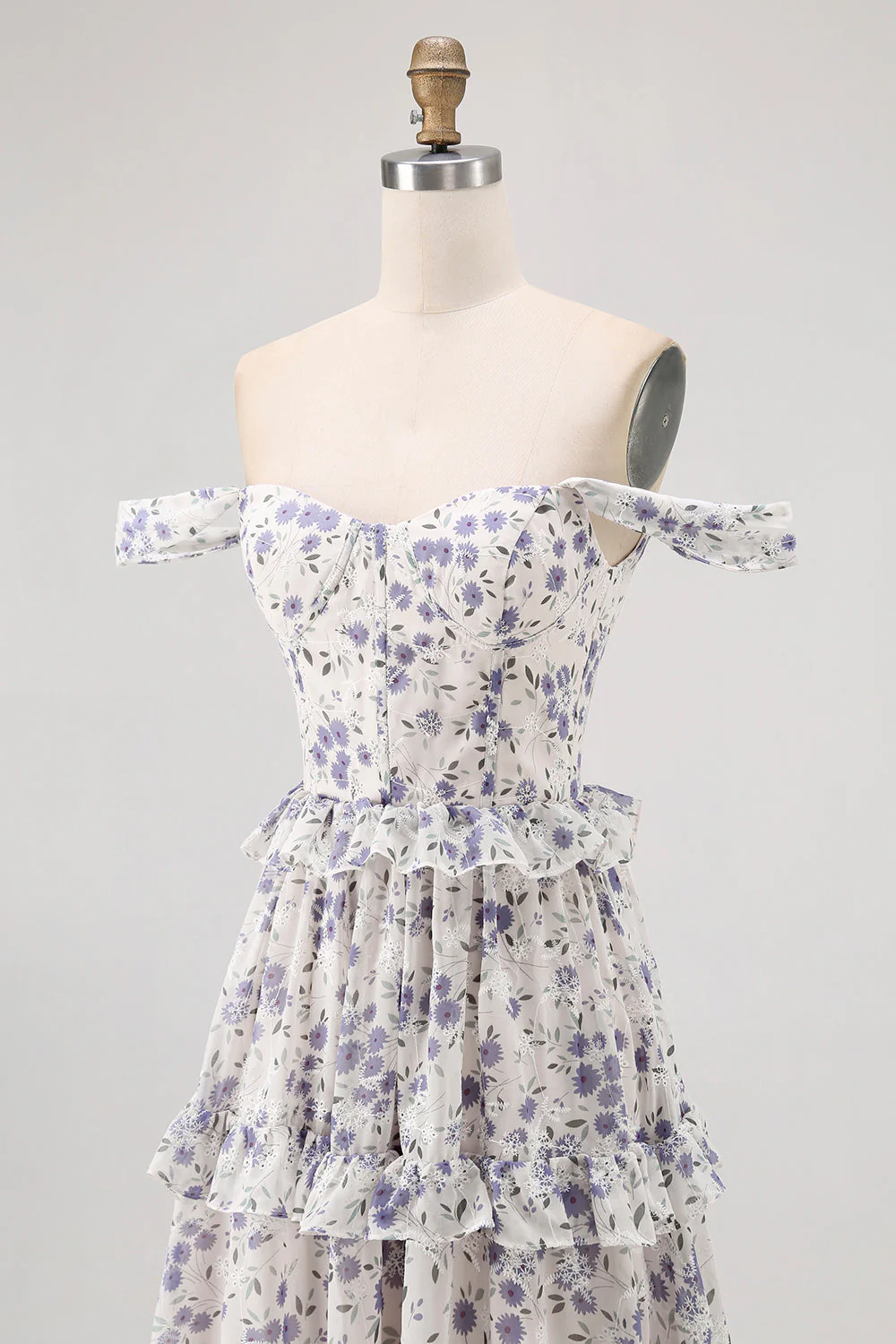 Floral violet à épaules dénudées Une robe de demoiselle d’honneur ligne avec dentelle dans le dos - Image 6