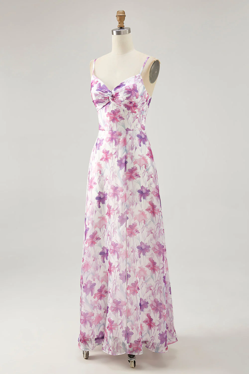 Floral violet A ligne spaghetti bretelles Robe d’invitée de mariage imprimée - Image 3