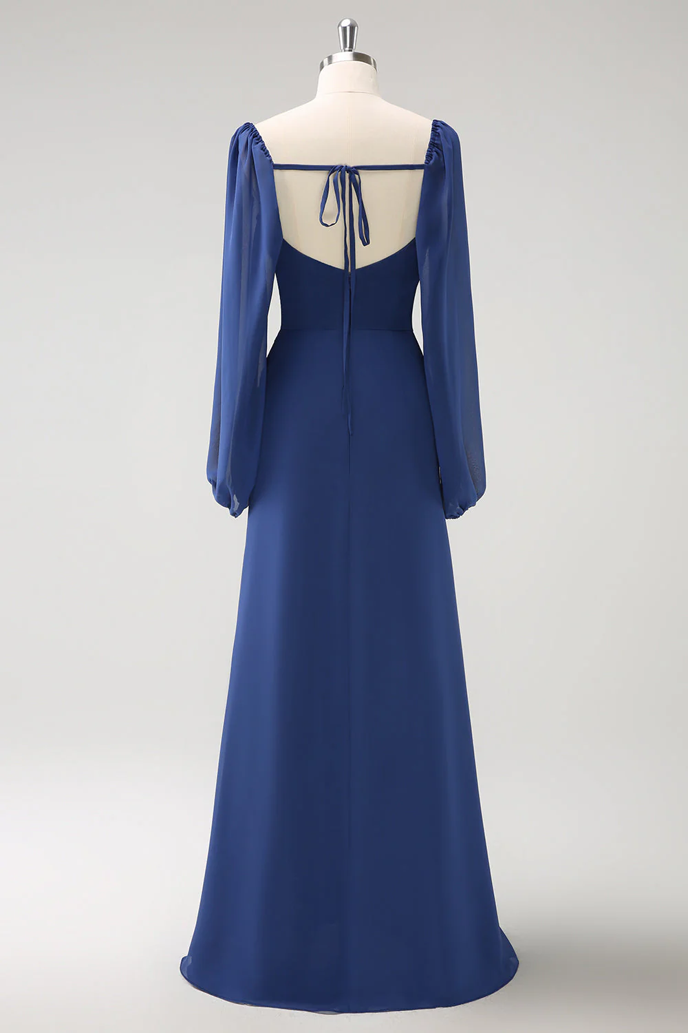 Fourreau bleu foncé col carré en mousseline de soie manches longues robe de demoiselle d’honneur longue avec fente - Image 2