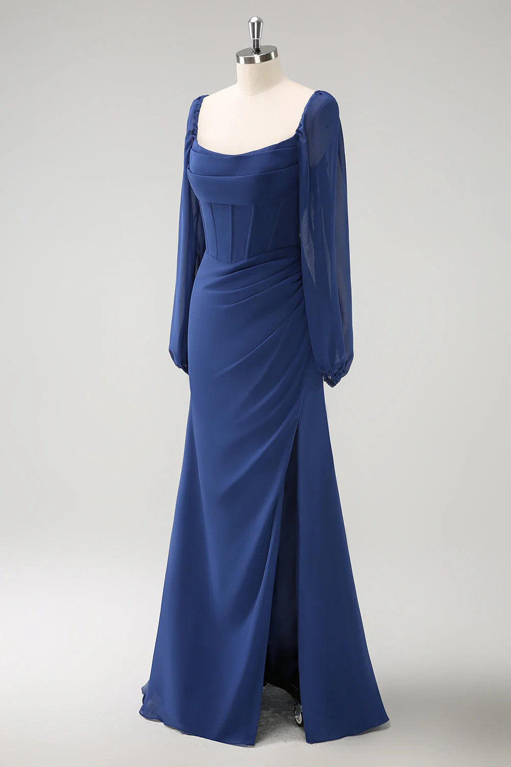 Fourreau bleu foncé col carré en mousseline de soie manches longues robe de demoiselle d’honneur longue avec fente - Image 3