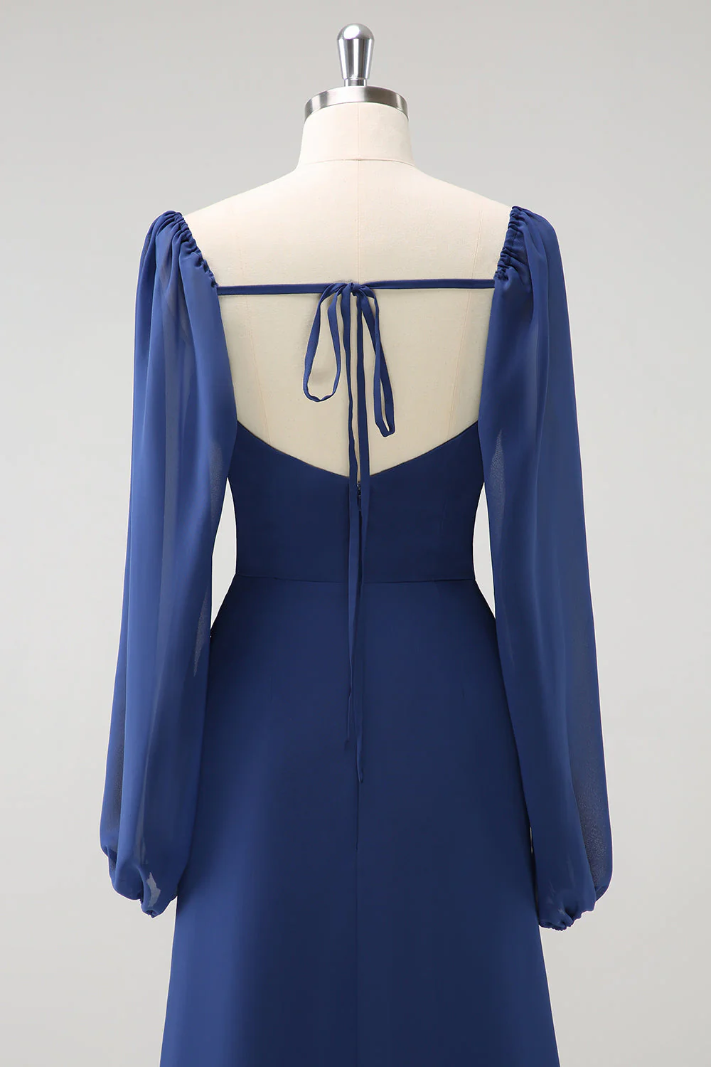 Fourreau bleu foncé col carré en mousseline de soie manches longues robe de demoiselle d’honneur longue avec fente - Image 5