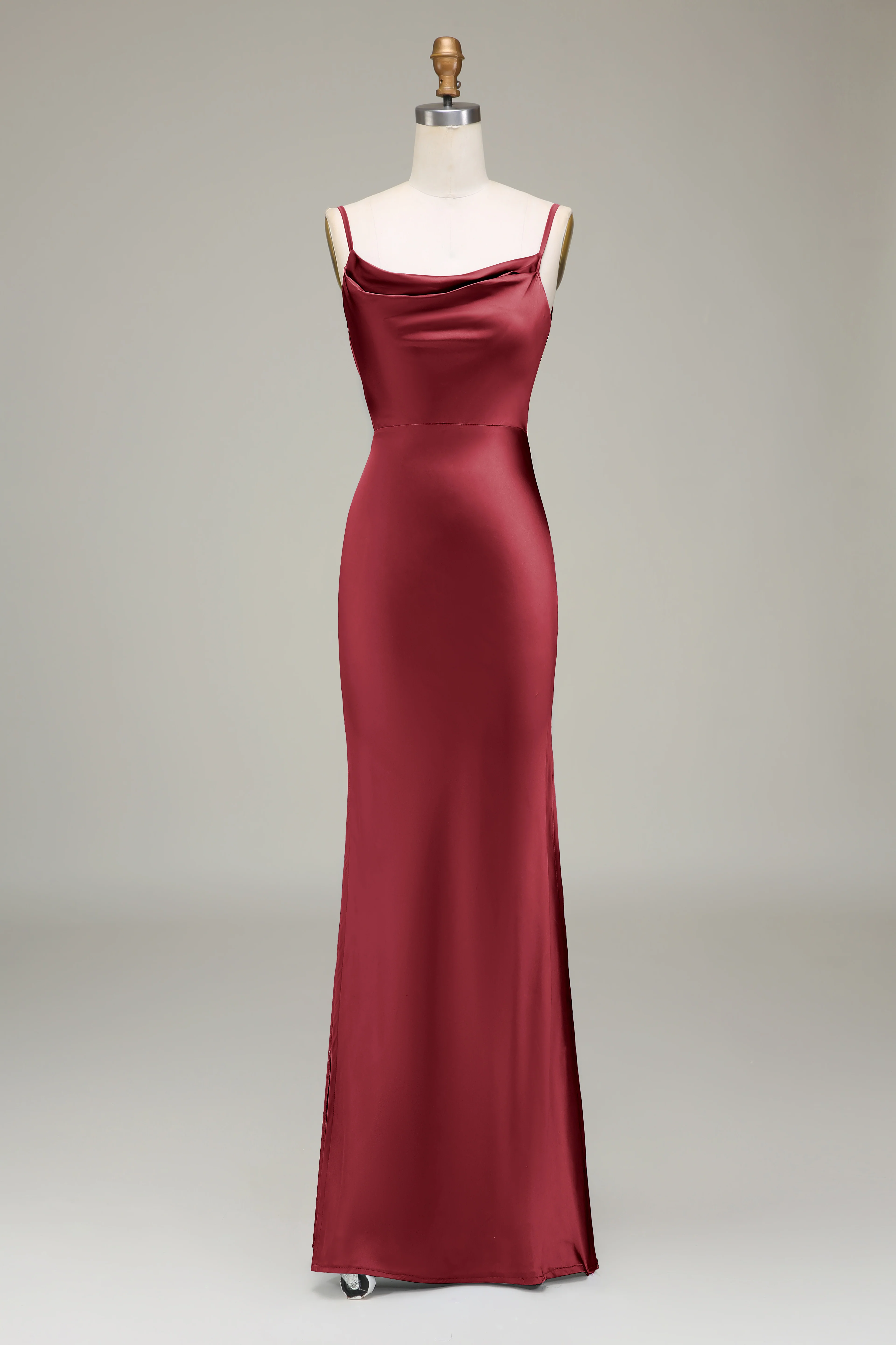 Robe de demoiselle d'honneur longue en satin bleu poudré à bretelles spaghetti - Image 11