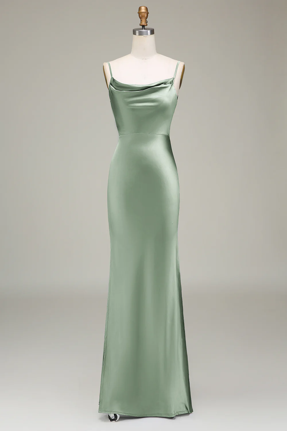 Robe de demoiselle d'honneur longue en satin bleu poudré à bretelles spaghetti - Image 15