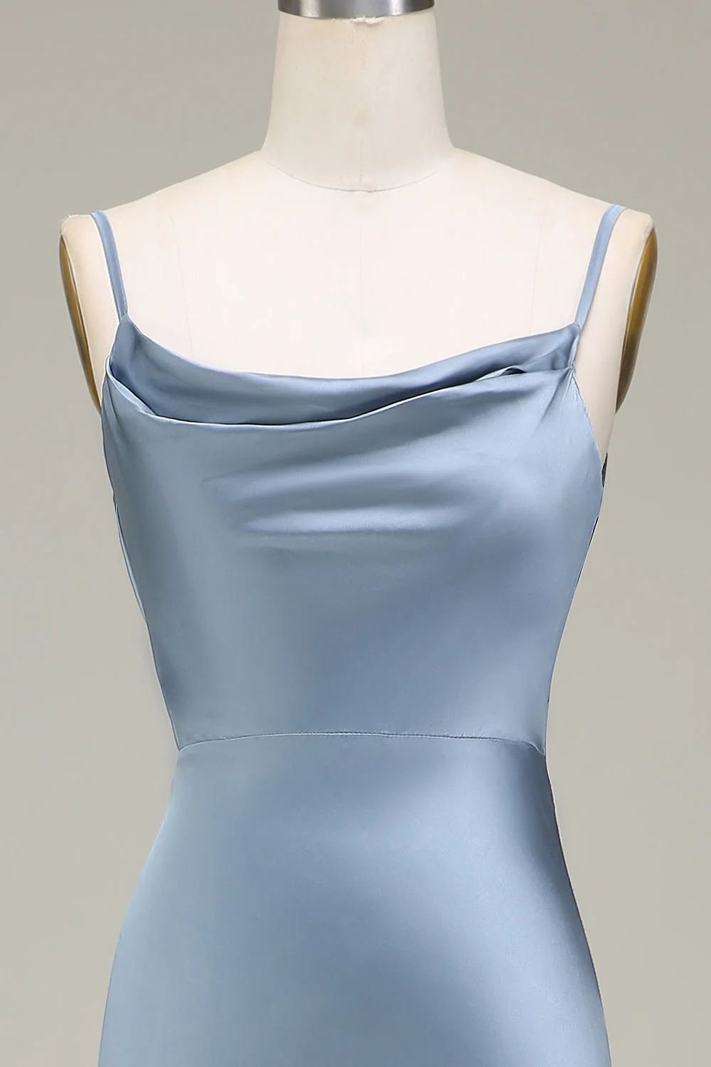 Robe de demoiselle d'honneur longue en satin bleu poudré à bretelles spaghetti - Image 8