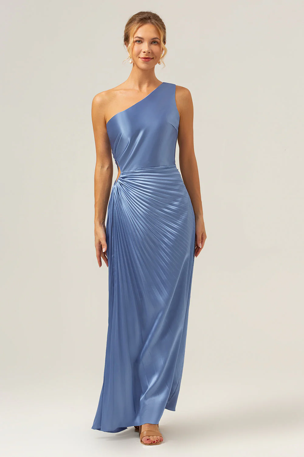 Fourreau bleu une épaule en satin trou de serrure longue robe de demoiselle d’honneur