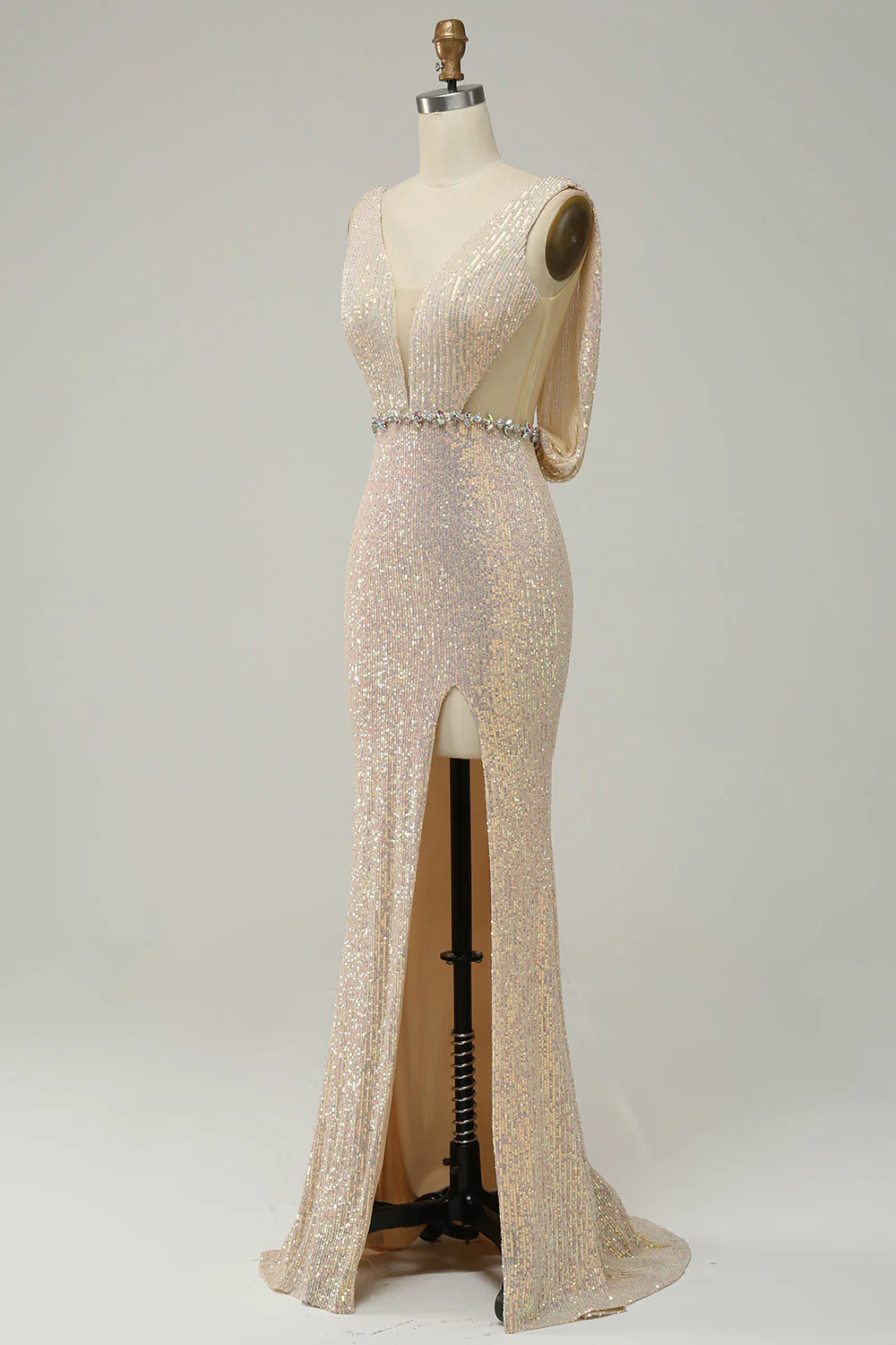 Fourreau Col V profond Champagne Paillettes Robe longue de bal avec Split Front - Image 3