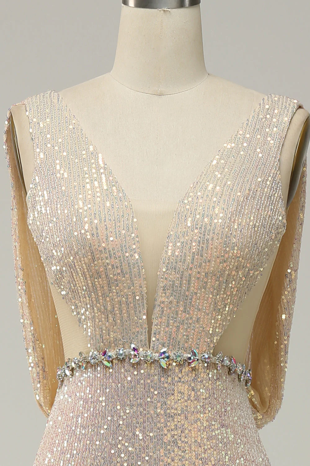 Fourreau Col V profond Champagne Paillettes Robe longue de bal avec Split Front - Image 4