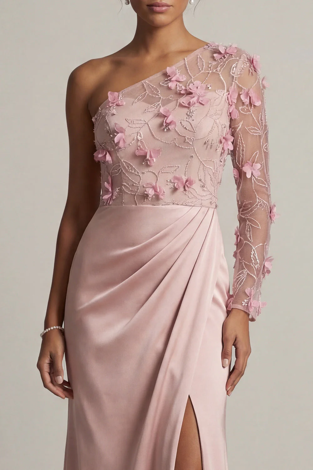 Fourreau de rose poussiéreux en satin Robe de la mère de la mariée froncée à une épaule avec fente - Image 4