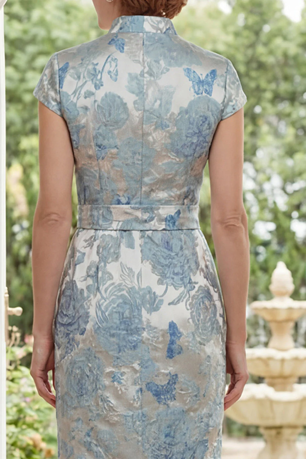Fourreau long de la mère de la mariée bleu Jacquard à col montant - Image 4