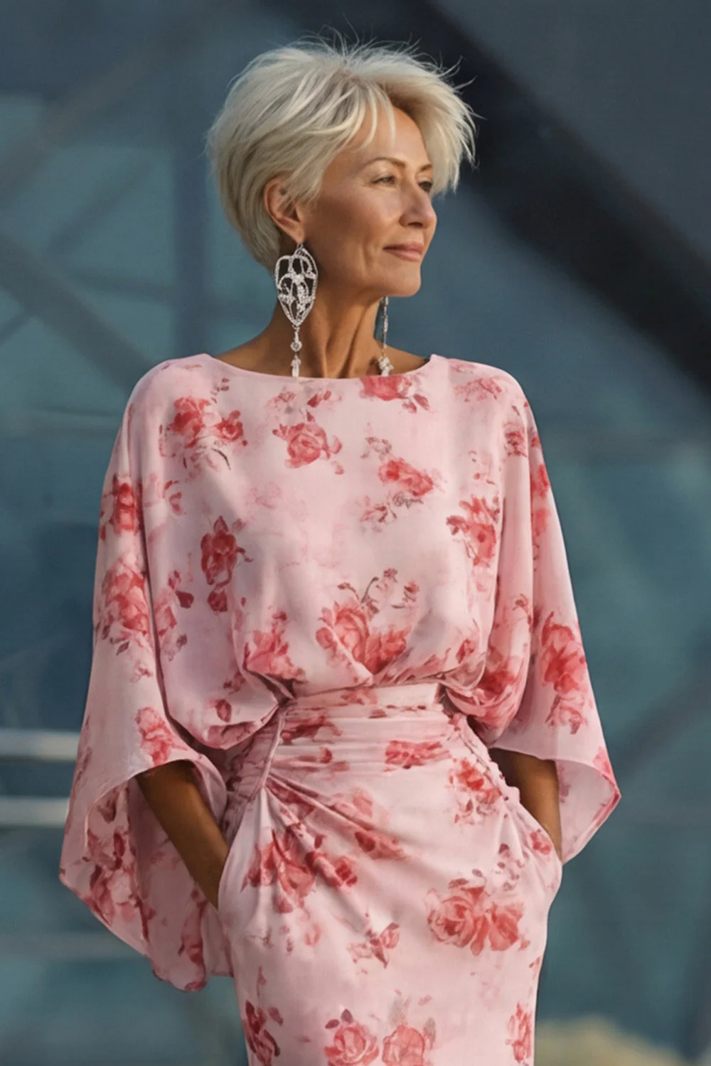 Robe de mère de la mariée en chiffon fleuri rose poussiéreuse avec manches évasées - Image 6