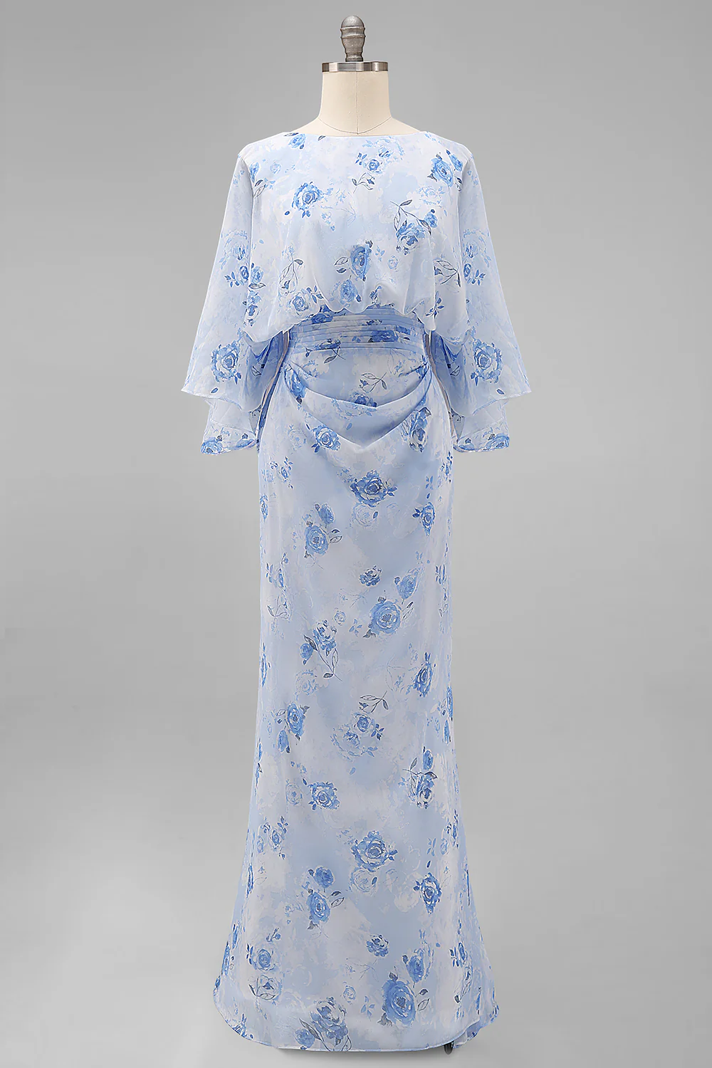 Fourreau longue de la mère de la mariée en fleurs bleues à col bateau avec demi-manches - Image 3