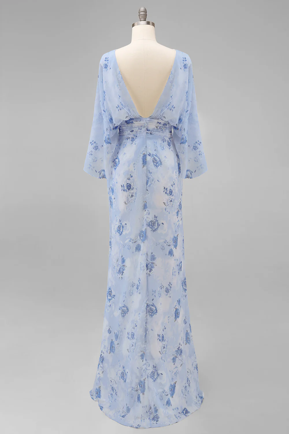 Fourreau longue de la mère de la mariée en fleurs bleues à col bateau avec demi-manches - Image 4