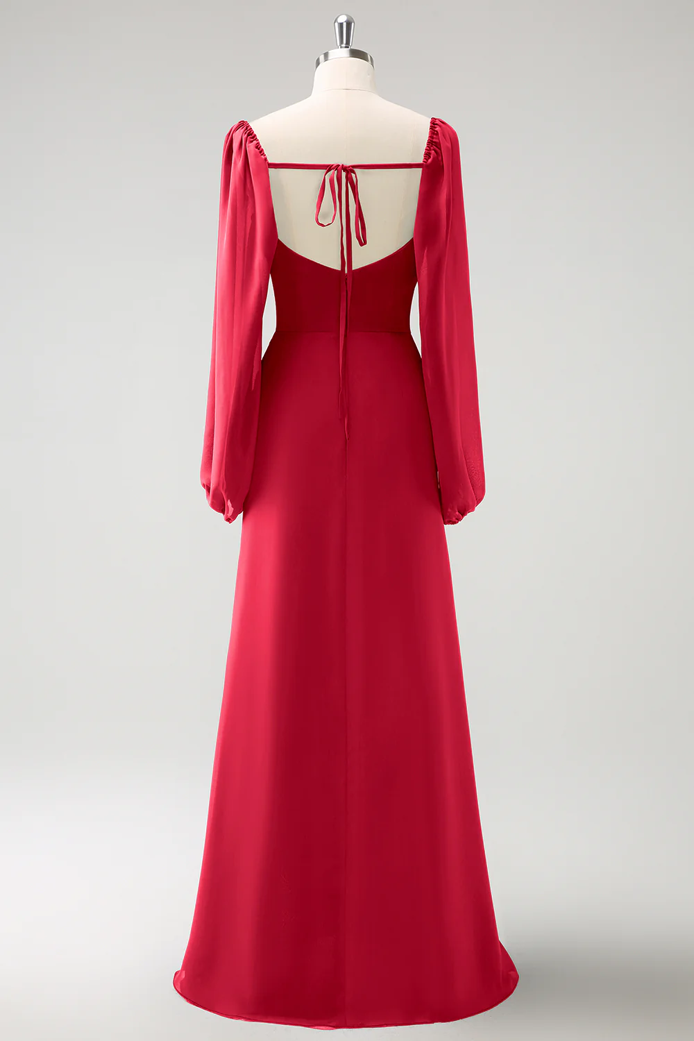 Fourreau Rose poudré col carré en mousseline de soie manches longues robe de demoiselle d’honneur longue avec fente - Image 12
