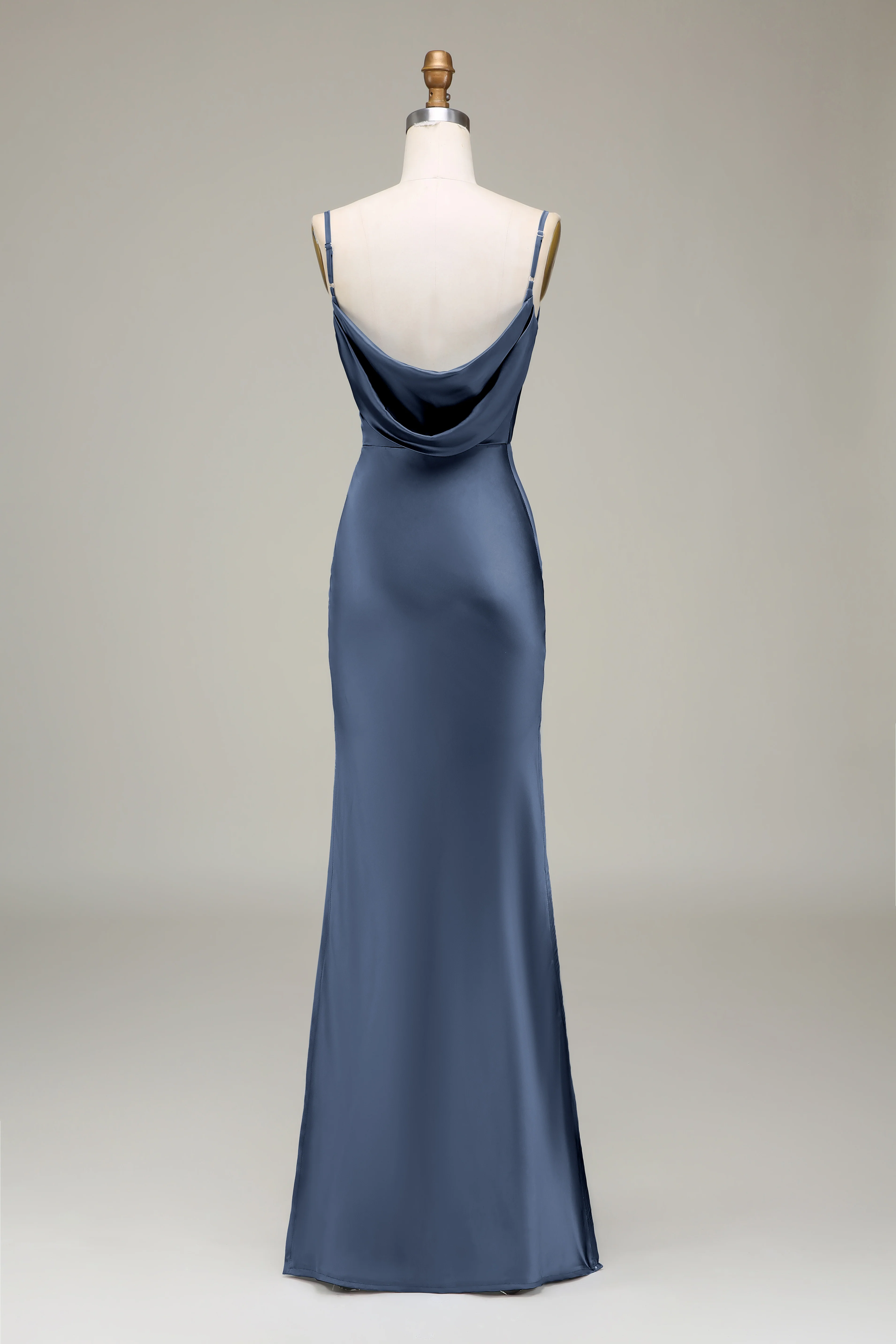 Fourreau Sauge poussiéreuse Spaghetti Bretelles Satin Longue robe de demoiselle d’honneur - Image 18