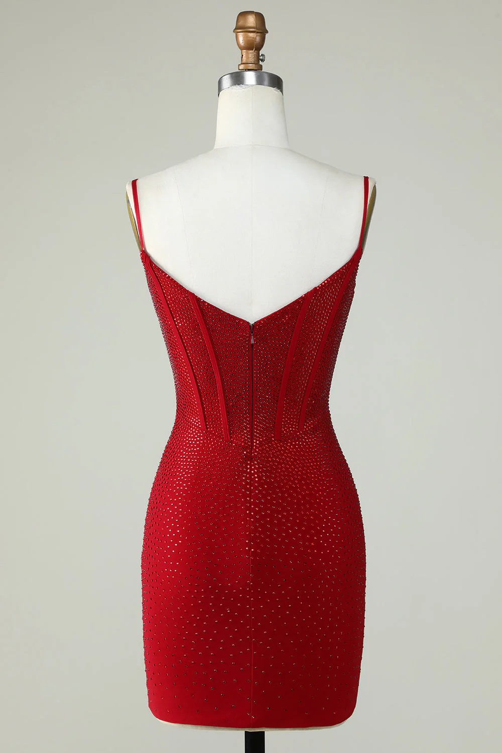 Fourreau Bretelles Spaghetti Rouge Robe courte Cocktail avec perles - Image 2