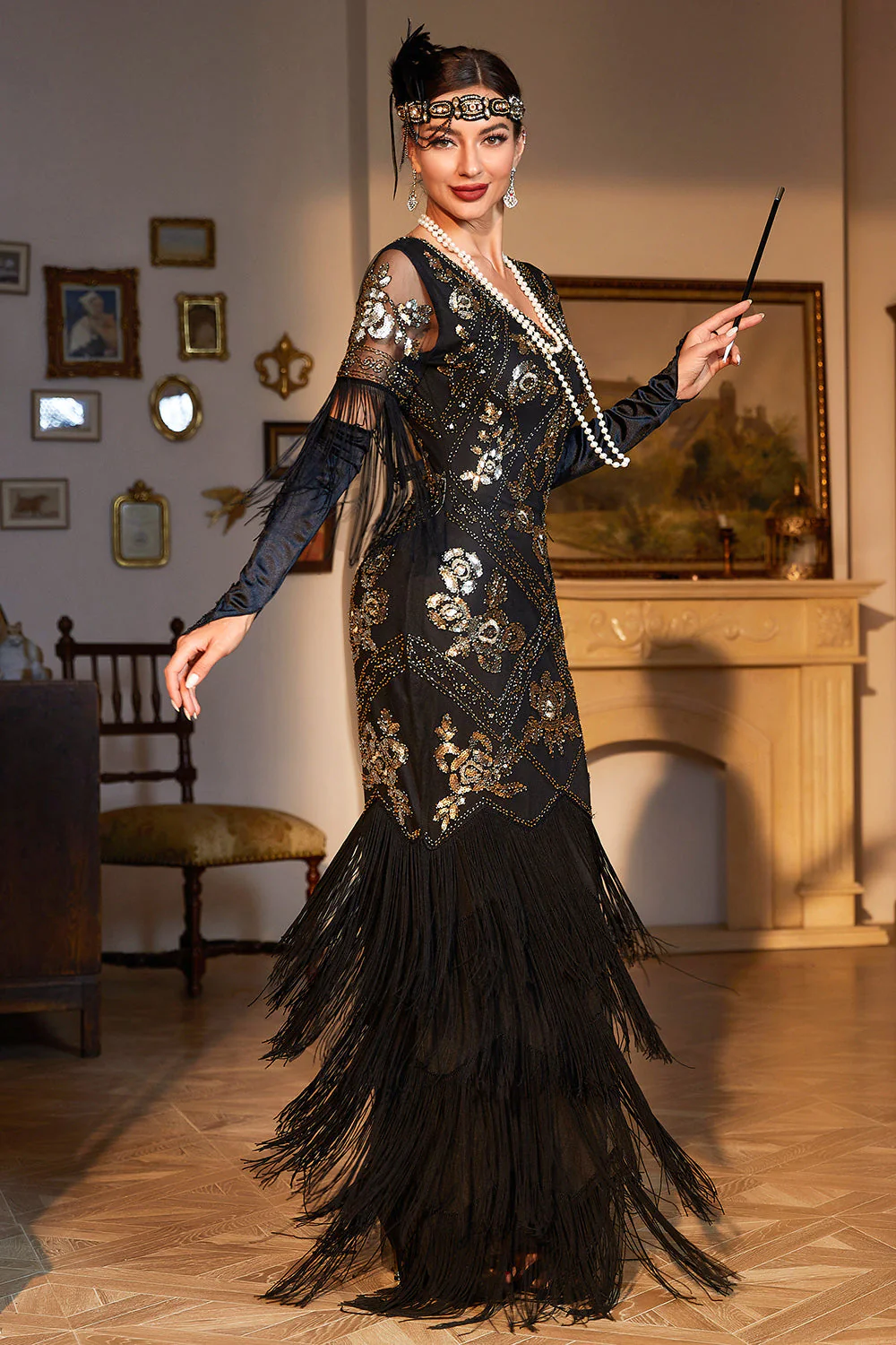 Robe fourreau verte foncé à paillettes col V longue style années 1920 à franges - Image 18