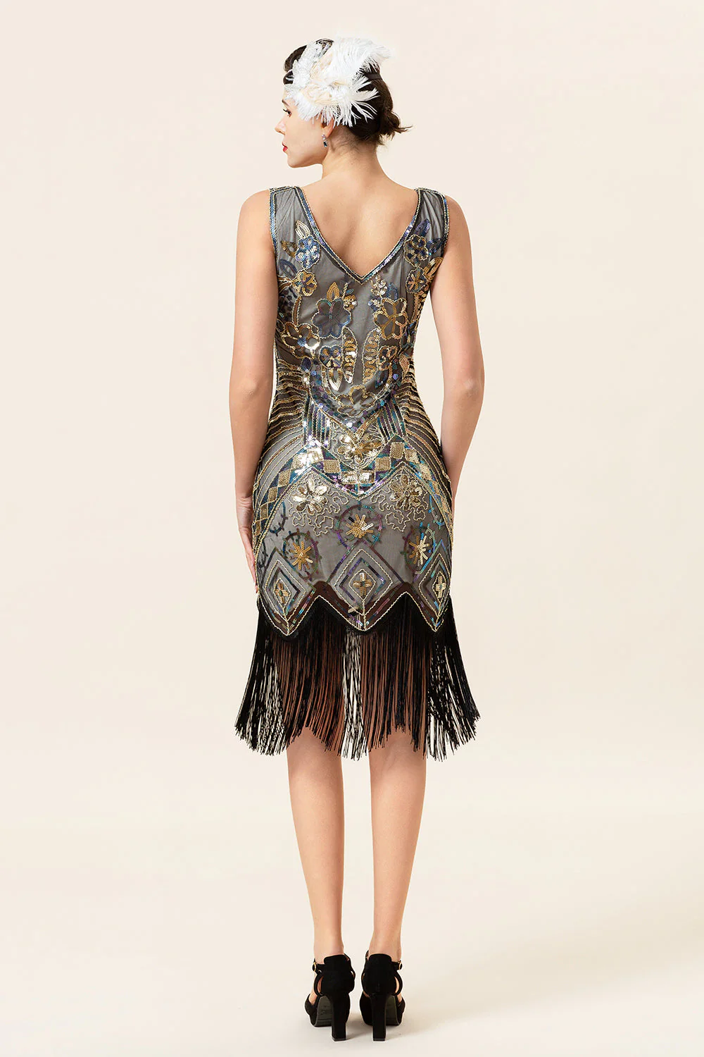 Franges à paillettes d’abricot et d’or Robe Gatsby Flapper des années 20 avec ensemble d’accessoires des années 20 - Image 3