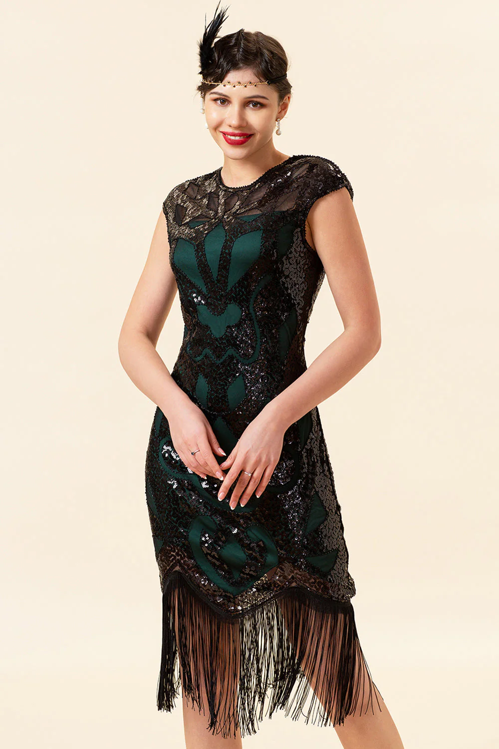 Franges à paillettes noires et vertes Gatsby Flapper Party Dress des années 20 avec accessoires des années 20 - Image 5