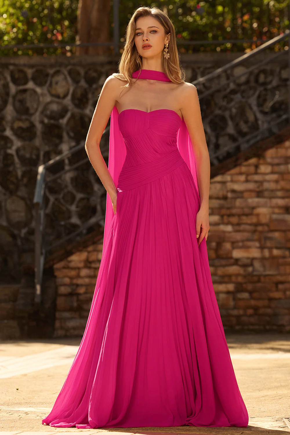 Fuchsia A Ligne Ligne Anneau en tulle plissé et robe longue de bal avec serpentin - Image 4