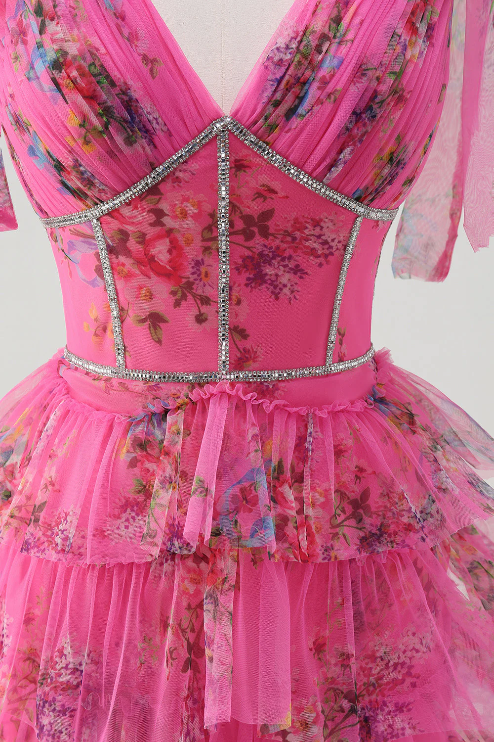 Fuchsia A Line à volants à col en V à plusieurs niveaux robe de Soirée florale avec fente - Image 7