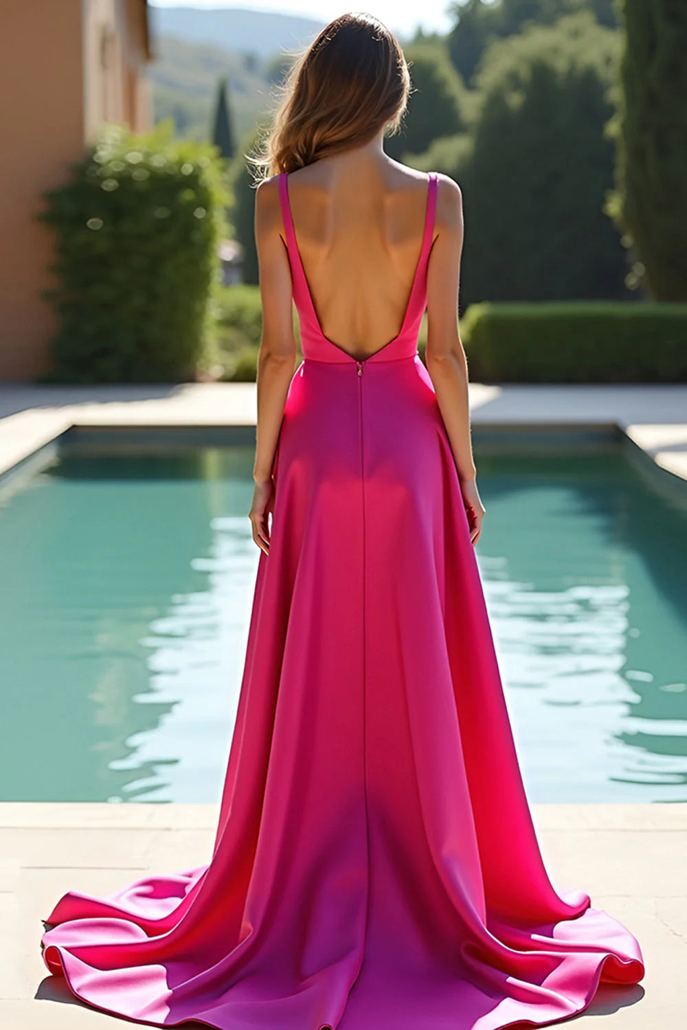 Fuchsia A Line Spaghetti Straps Satin Robe Longue de Bal Avec Fente - Image 2