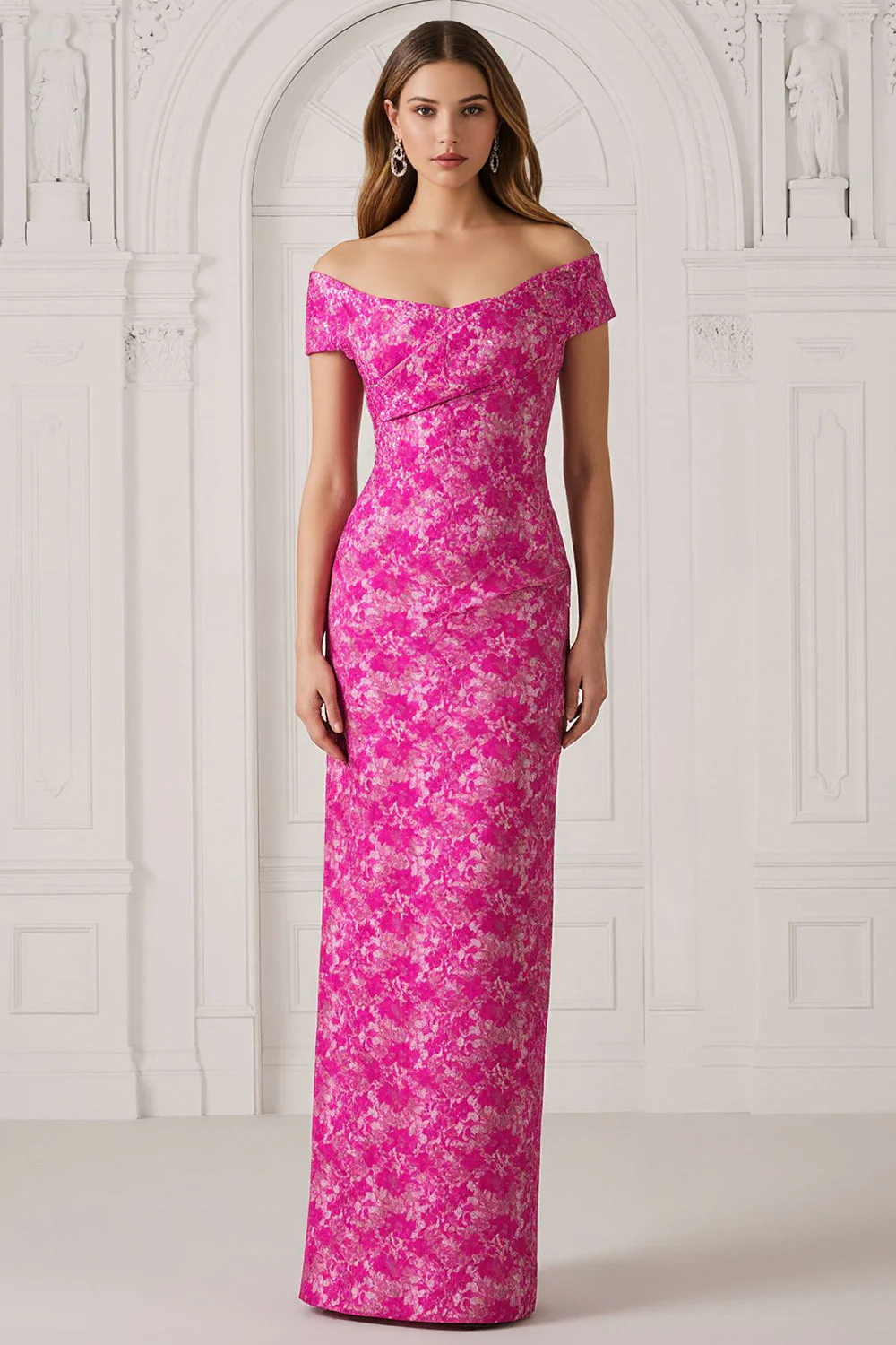 Fuchsia décollée fleur épaule longue robe mère de la mariée