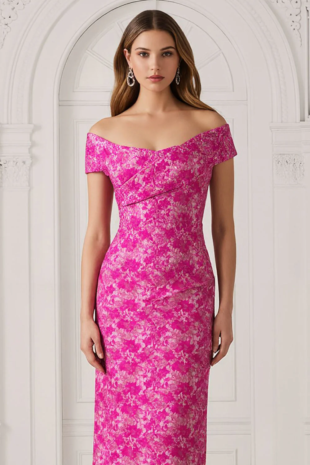 Fuchsia décollée fleur épaule longue robe mère de la mariée - Image 2