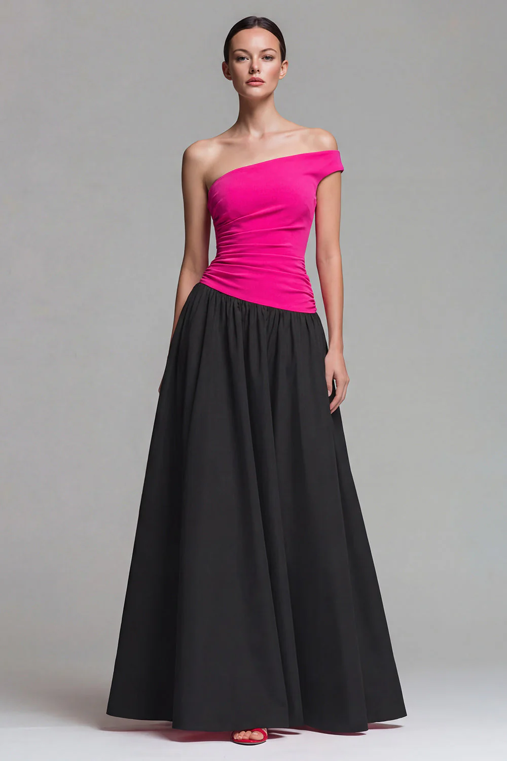 Fuchsia et Noir, robe formelle longue à une épaule A