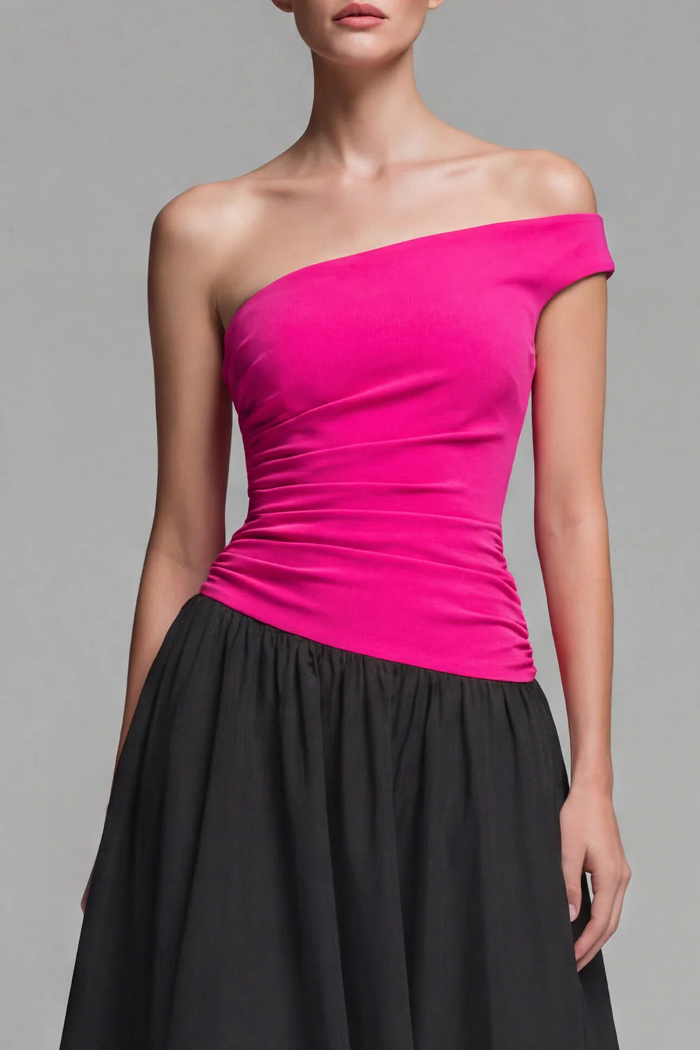 Fuchsia et Noir, robe formelle longue à une épaule A - Image 3
