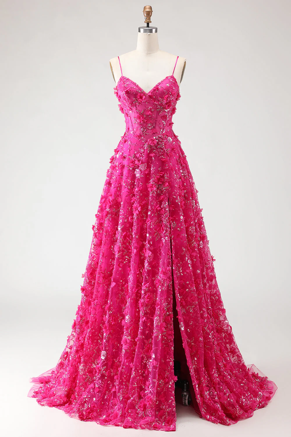 Fuchsia Ligne A Sequins, corset transparent 3D fleurs, longue robe de bal avec fente