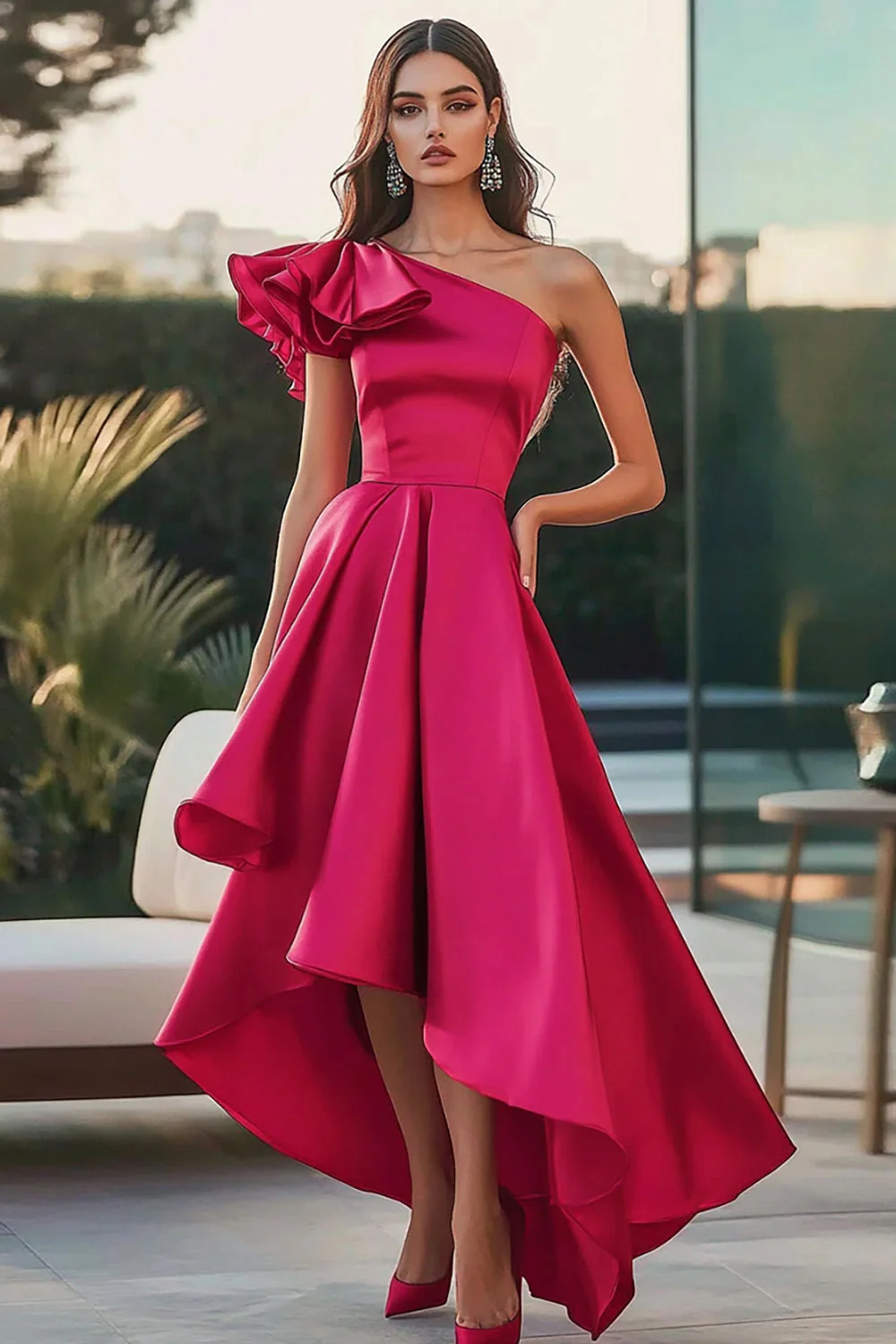 Fuchsia Une Épaule Haut-Bas Satin Une Robe Formelle Trapèze