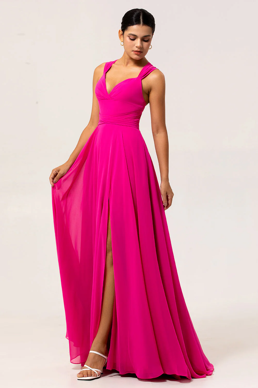 Fuchsia Une ligne convertible Robe de demoiselle d’honneur longue en mousseline de soie avec fente - Image 5