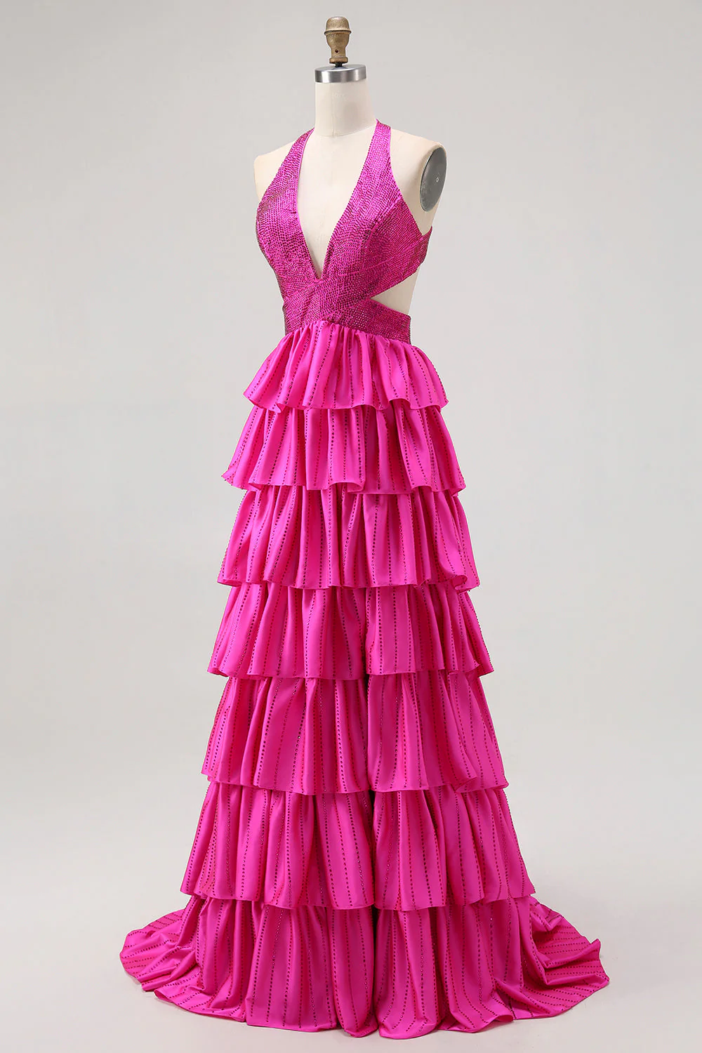Fuchsia une ligne dos nu dos ouvert perlé perlé longue robe de bal - Image 3