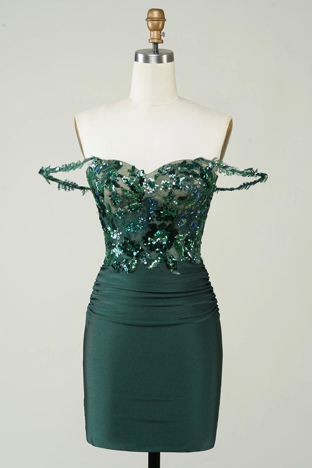 Gaine unique de l’épaule Robe courte vert foncé avec appliques