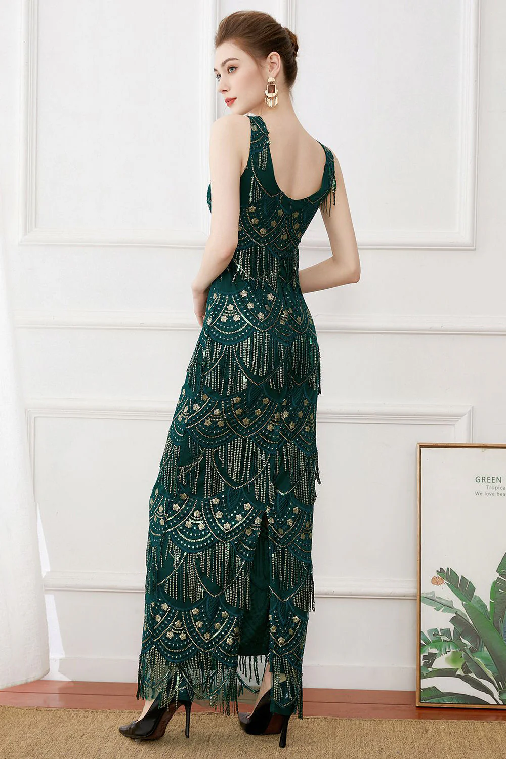 Robe longue des années 1920 à franges vert foncé - Image 2