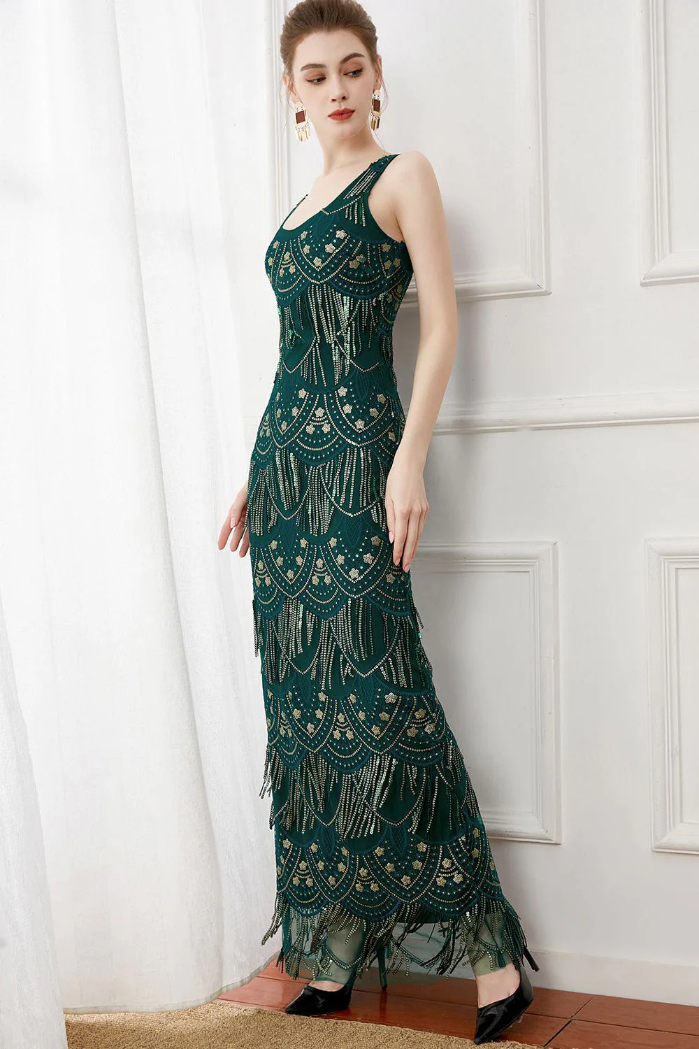 Robe longue des années 1920 à franges vert foncé - Image 4