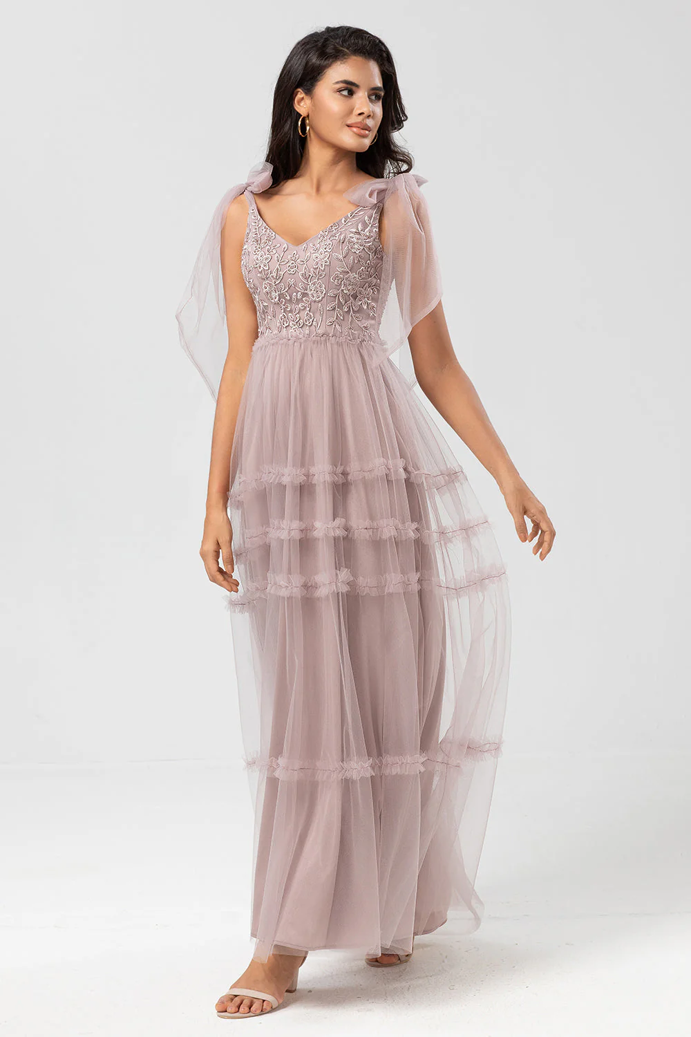 Gardienne de mon cœur Robe de demoiselle d'honneur longue trapèze à col en V rose poussiéreux avec perles - Image 3