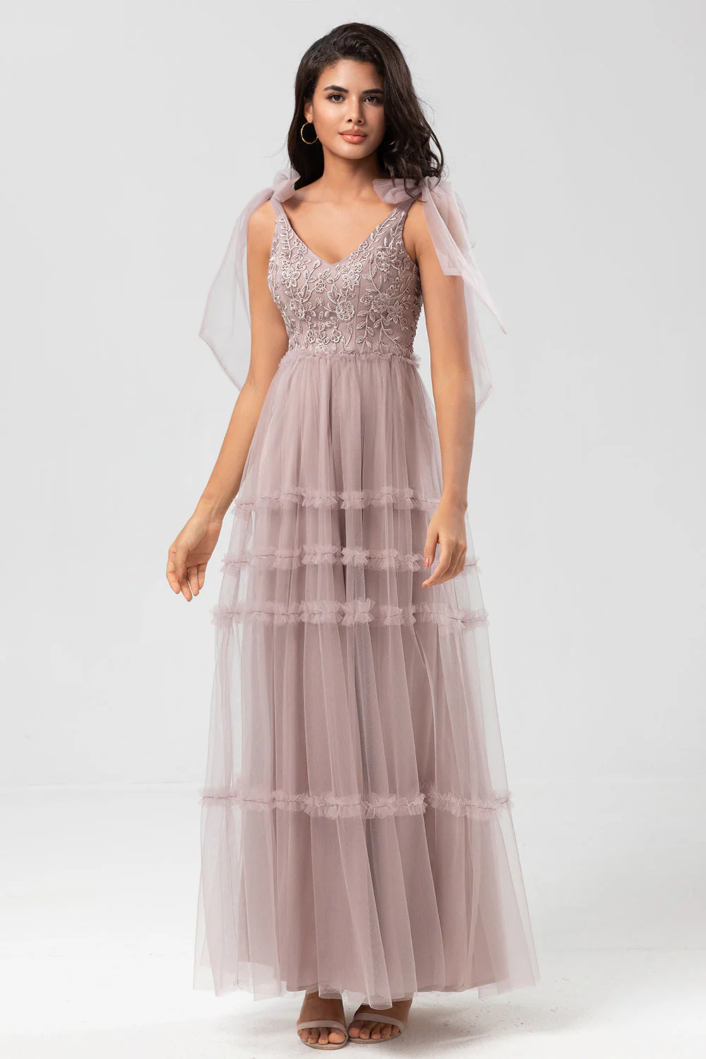 Gardienne de mon cœur Robe de demoiselle d'honneur longue trapèze à col en V rose poussiéreux avec perles - Image 4