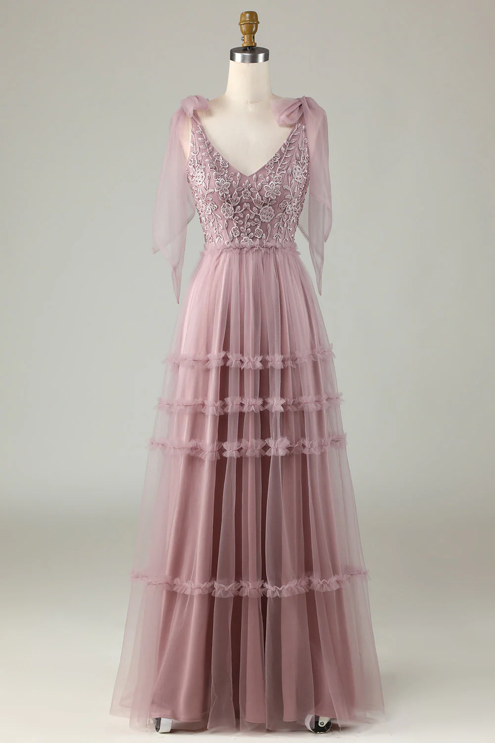 Gardienne de mon cœur Robe de demoiselle d'honneur longue trapèze à col en V rose poussiéreux avec perles - Image 5