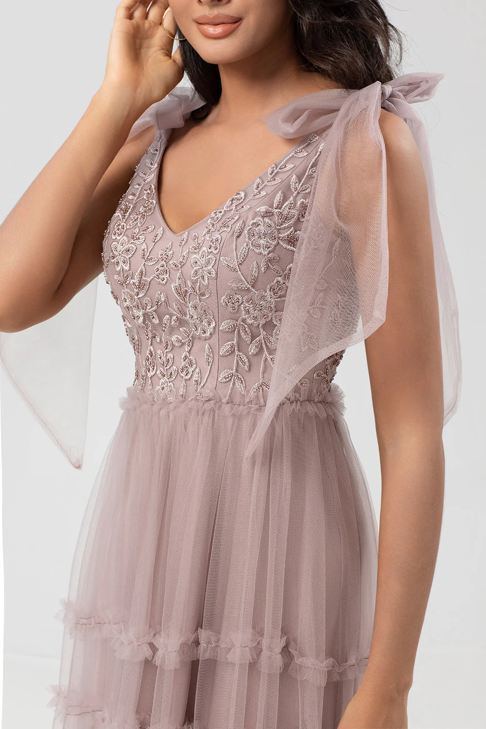 Gardienne de mon cœur Robe de demoiselle d'honneur longue trapèze à col en V rose poussiéreux avec perles - Image 6