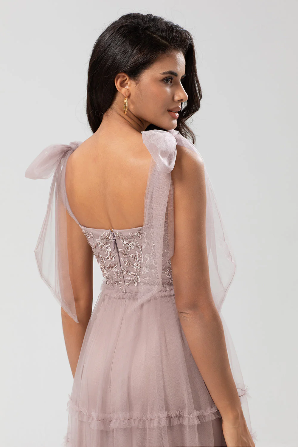 Gardienne de mon cœur Robe de demoiselle d'honneur longue trapèze à col en V rose poussiéreux avec perles - Image 7